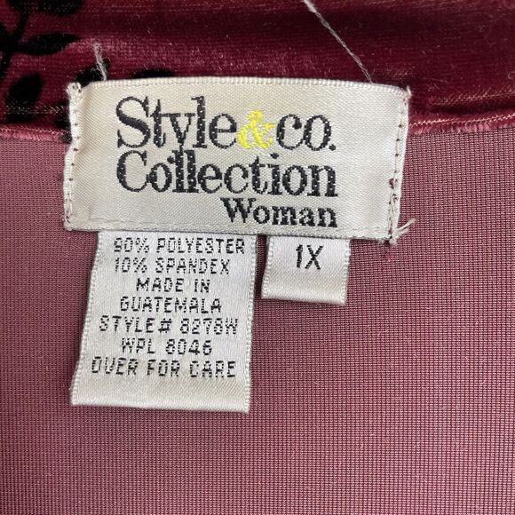 Style & co Woman’s Velvet Floral Long Sleeve Collared Button Up Burgundy-1X - Picture 4 of 9